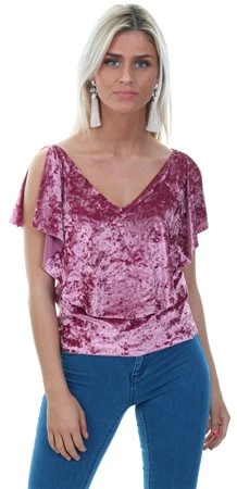 Style London Pink Velvet Look Cold Shoulder Top