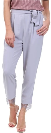 Style London Light Grey Waist Tie Lace Trim Trouser