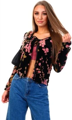 Missi London Black Floral Tie Front Cardigan