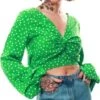 Ax Paris Green Front Knot Crop Polka Top