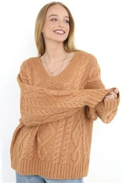 Brave Soul Warm Camel Oversized Cable V-Neck Jumper