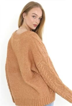 Brave Soul Warm Camel Oversized Cable V-Neck Jumper -Noisy May Shop 23494 3