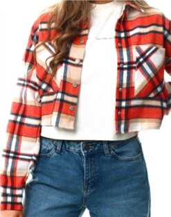 Noisy May Hazelnut / Cherry Flanny Cropped Chequered Shirt -Noisy May Shop 24010 1