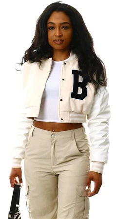 Brave Soul Stone Varsity Style Cropped Pu Sleeve Bomber Jacket