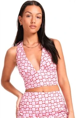 Motel Apple Check Blush Red Nanda Crop Top