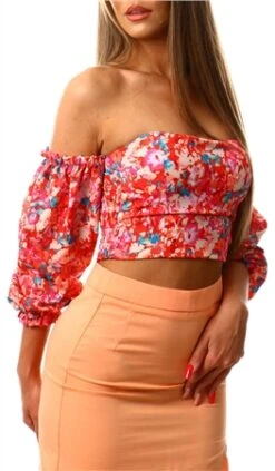 Parisian Red Lilac Floral Puff Sleeeve Bardot Crop Top -Noisy May Shop 25534 1