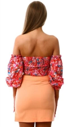 Parisian Red Lilac Floral Puff Sleeeve Bardot Crop Top -Noisy May Shop 25534 3