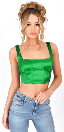 Saint Genies Green Robyn Satin Square Neckline Crop Top