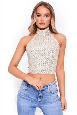 Saint Genies Nude Halterneck Sequins Top