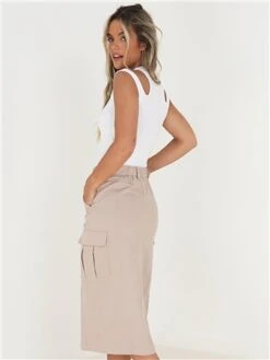 Brave Soul Stone Cargo Style Front Slit Midi Denim Skirt -Noisy May Shop 28031 3