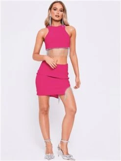Saint Genies Hot Pink Beatrix Diamante Fringe Asymmetric Mini Skirt -Noisy May Shop 28187 2