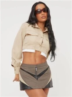 Ego Khaki Low Rise Zip Detail Motocross Mini Skirt