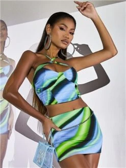 Ego Blue Swirl Print Slinky Cross Strap Ring Detail Corset Crop Top -Noisy May Shop 28276 3