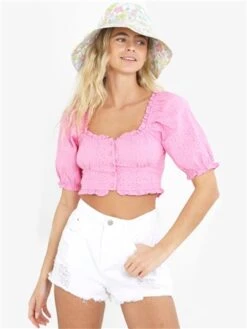 Brave Soul Pink Broderie Anglaise Buttoned Milkmaid Top -Noisy May Shop 28311 2