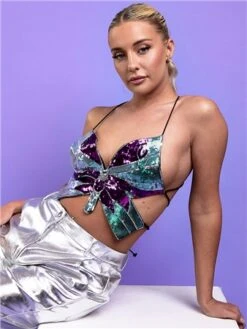 Saint Genies Black/Green Sequin Butterfly Top