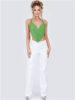 Saint Genies Green Summer Cowl Neck Bandana Diamante Chainmail Top -Noisy May Shop 28317 2