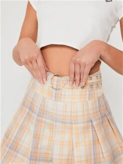 Saint Genies Cream / Yellow Check Pleat Mini Skirt -Noisy May Shop 28389 1