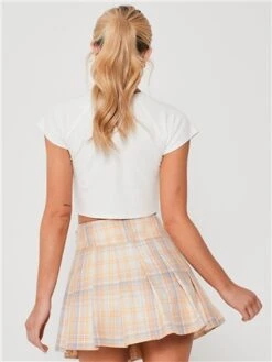 Saint Genies Cream / Yellow Check Pleat Mini Skirt -Noisy May Shop 28389 3