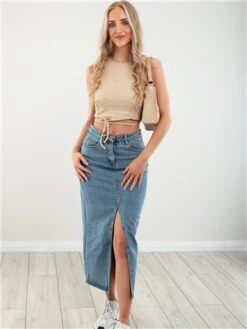Brave Soul Mid Blue Mavis Acid Wash Midi Denim Skirt -Noisy May Shop 28435 2