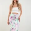 Saint Genies Pink / Cream Blurred Print Satin Midi Skirt