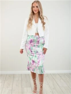 Saint Genies Pink / Cream Blurred Print Satin Midi Skirt -Noisy May Shop 28453 2