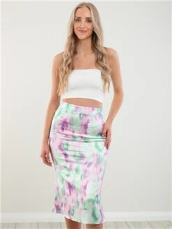 Saint Genies Pink / Cream Blurred Print Satin Midi Skirt