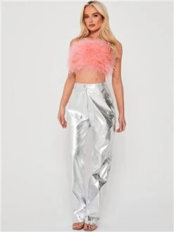 Saint Genies Silver Alix Metallic High Waisted Wide Leg Trousers -Noisy May Shop 28502 2