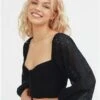 The Frolic Black Long Sleeve Cropped Lace Detail Top
