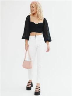 The Frolic Black Long Sleeve Cropped Lace Detail Top -Noisy May Shop 28615 2