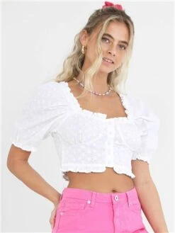Brave Soul White Broderie Anglaise Buttoned Milkmaid Top
