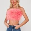Saint Genies Pink Mya Strapless Feather Crop Top -Noisy May Shop 28660