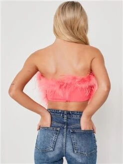 Saint Genies Pink Mya Strapless Feather Crop Top -Noisy May Shop 28660 3