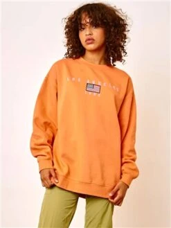 Daisy Street Orange Embroidered Sweater With La Graphic