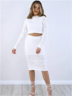 Saint Genies White Crochet Knit Midi Skirt -Noisy May Shop 28765 2