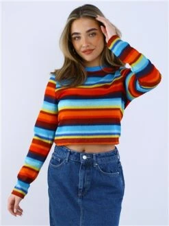 Saint Genies Blue/Burg/Orange Stripe Knit Top