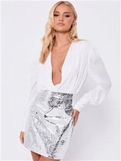 Saint Genies Silver Maria Croc Faux Leather A-Line Skirt