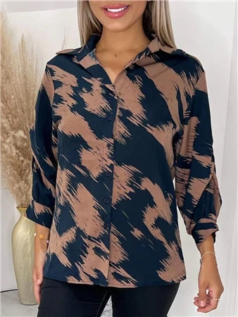 Ax Paris Brown And Navy Printed Ruched Sleeve Shirt 4 Ax Paris Brown And Navy Printed Ruched Sleeve Shirt - Image 2