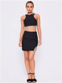 Saint Genies Black Beatrix Diamante Fringe Asymmetric Mini Skirt -Noisy May Shop 28872 2