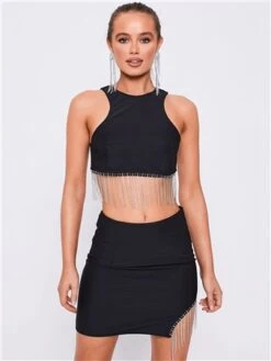 Saint Genies Black Beatrix Diamante Fringe Asymmetric Mini Skirt
