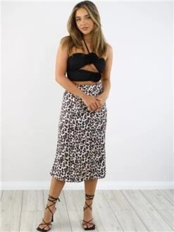 Saint Genies Leopard Print Pattern Satin Midi Skirt -Noisy May Shop 28884 2