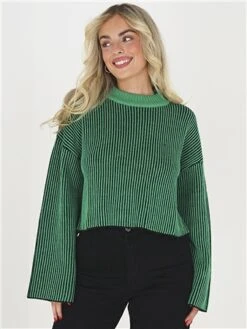 Brave Soul Green / Black Stripe Knit Jumper