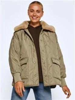 Noisy May Brown P U Feline Quilted Fur Jacket