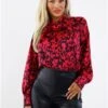 Ax Paris Cerise And Black Pattern High Neck Satin Long Sleeve Top -Noisy May Shop 28970