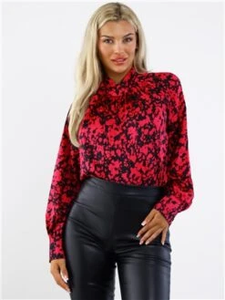 Ax Paris Cerise And Black Pattern High Neck Satin Long Sleeve Top