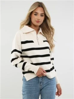Veromoda Birch/Black Saba Stripe 1/4 Zip Knit