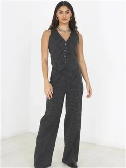 Brave Soul Black/White Pinstripe Button Through Waistcoat -Noisy May Shop 29011 2