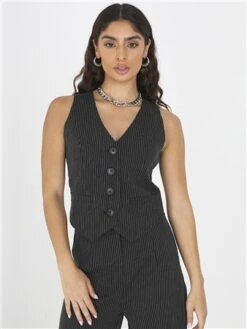 Brave Soul Black/White Pinstripe Button Through Waistcoat