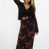 Brave Soul Black / Red Rose Print Midi Skirt -Noisy May Shop 29063