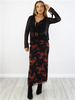 Brave Soul Black / Red Rose Print Midi Skirt -Noisy May Shop 29063 2