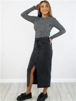 Brave Soul Black Wash Midi Denim Skirt -Noisy May Shop 29064 2